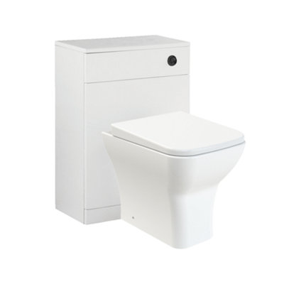 Rimless Back to Wall Toilet Square Pan with WC Unit Concealed Cistern Dual Flush  Frame - Black Round Button