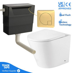 Rimless Back to Wall Toilet with Concealed Cistern & Brushed Brass Flush Button