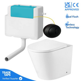Rimless Back to Wall Toilet with Concealed Cistern & Round Black Flush Button