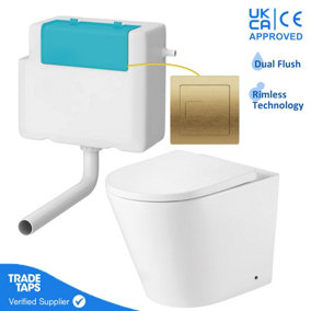 Rimless Back to Wall Toilet with Concealed Cistern & Square Brass Flush Button