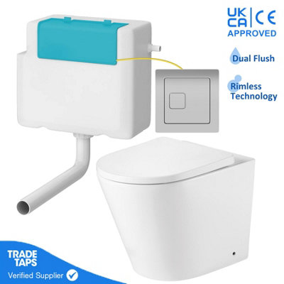 Rimless Back to Wall Toilet with Concealed Cistern & Square Chrome Flush Button