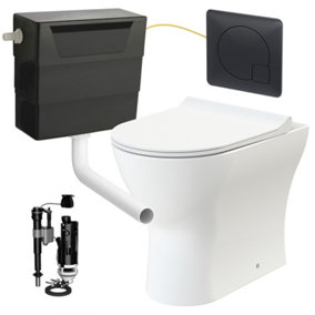 Rimless D Shape Back to Wall Toilet Pan with Soft Close Seat & Concealed Cistern Black Plate Button