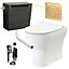 Rimless D Shape Back to Wall Toilet Pan with Soft Close Seat & Concealed Cistern Brushed Brass Plate Button