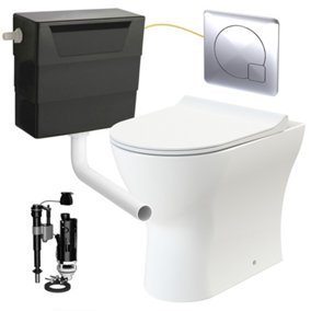 Rimless D Shape Back to Wall Toilet Pan with Soft Close Seat & Concealed Cistern Chrome Plate Button
