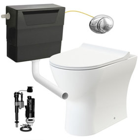 Rimless D Shape Back to Wall Toilet Pan with Soft Close Seat & Concealed Cistern Chrome Push Button