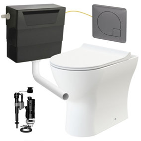 Rimless D Shape Back to Wall Toilet Pan with Soft Close Seat & Concealed Cistern Gun Metal Plate Button