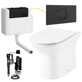 Rimless D Shape Back to Wall Toilet Pan with Soft Close Slim Seat and Concealed Cistern Black Flush Plate