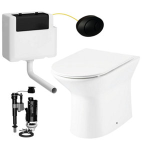 Rimless D Shape Back to Wall Toilet Pan with Soft Close Slim Seat and Concealed Cistern Black Oval Push Button