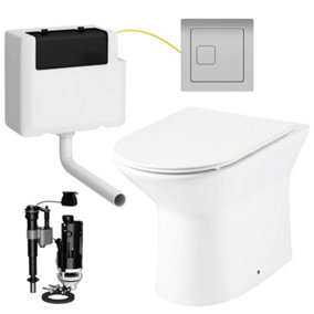Rimless D Shape Back to Wall Toilet Pan with Soft Close Slim Seat and Concealed Cistern Chrome Black Flush Button