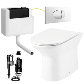 Rimless D Shape Back to Wall Toilet Pan with Soft Close Slim Seat and Concealed Cistern Chrome Flush Plate