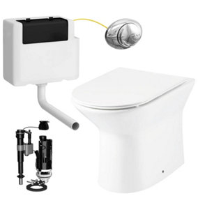 Rimless D Shape Back to Wall Toilet Pan with Soft Close Slim Seat and Concealed Cistern Chrome Oval Push Button