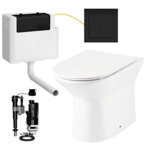 Rimless D Shape Back to Wall Toilet Pan with Soft Close Slim Seat and Concealed Cistern Square Black Flush Button