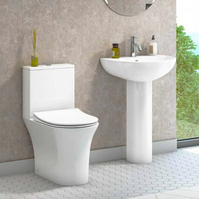 Rimless D Shape Close Coupled Toilet, Soft Close Seat & Full Pedestal Basin Cloakroom Suite Set