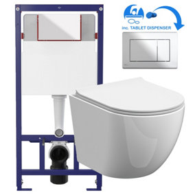 Rimless ECO Wall Hung Pan & Soft Close Seat Toilet & Flush Plate Set-Chrome Square