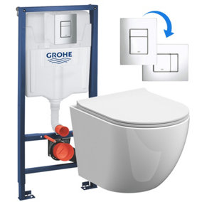 Rimless ECO Wall Hung Toilet Pan, Seat & GROHE 1.12m Low Height Cistern WC Frame
