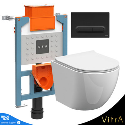 Rimless ECO Wall Hung Toilet Pan & VITRA Low Height Concealed WC Cistern Frame Plate - Matt Black Slimline Price Comparisons | Compare The Build