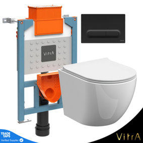 Rimless ECO Wall Hung Toilet & VITRA Low Height Concealed WC Cistern Frame Plate - Matt Black Slimline