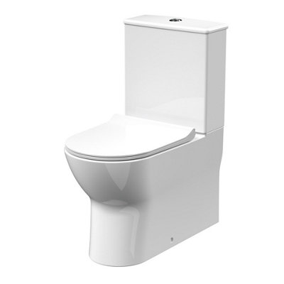 Rimless Flush to Wall Close Coupled Toilet Pan, Cistern & Soft Close Sandwich Seat - 806mm x 375mm x 612mm