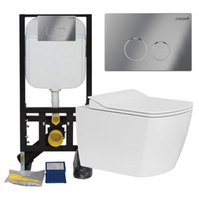 Rimless Square Wall Hung Toilet Pan & Concealed Cistern Chrome Round Button Flush Plate