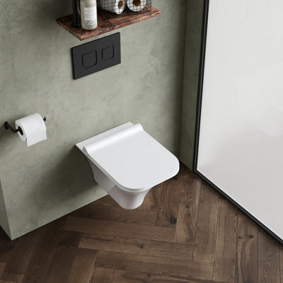 Rimless Wall Hung Ceramic Toilet Pan & Soft Close Seat, 355mm