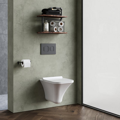 Rimless Wall Hung Ceramic Toilet Pan & Soft Close Seat, 355mm
