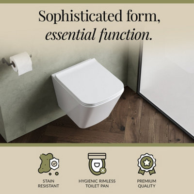 Rimless Wall Hung Square Toilet Pan & Soft Close Seat - 325mm x 350mm x ...