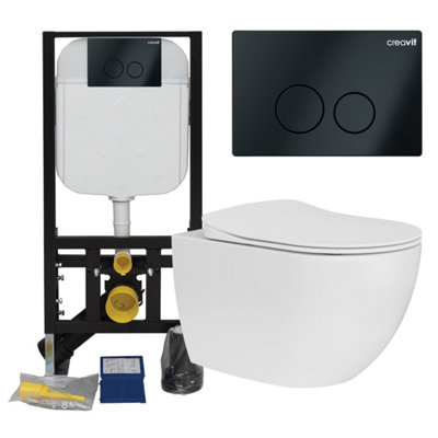 Rimless Wall Hung Toilet Pan & Concealed Cistern Matt Black Round Button Flush Plate