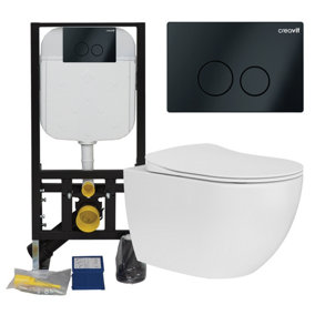 Rimless Wall Hung Toilet Pan & Concealed Cistern Matt Black Round Button Flush Plate