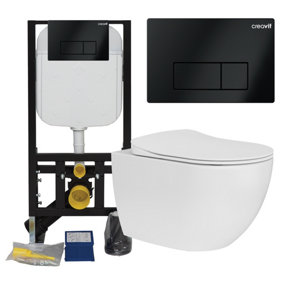 Rimless Wall Hung Toilet Pan & Concealed Cistern Matt Black Square Button Flush Plate