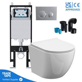 Rimless Wall Hung Toilet Pan Slim Concealed Cistern Frame 1.14-1.35m w/Chrome Flush Plate