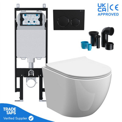 Rimless Wall Hung Toilet Pan Slim Concealed Cistern Frame 1.14-1.35m w/Matt Black Flush Plate