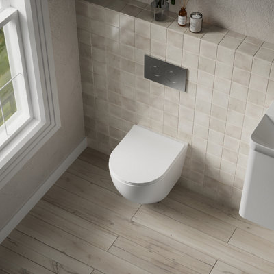 Rimless Wall Hung Toilet Pan & Soft Close Sandwich Seat - 360mm x 360mm x 482mm