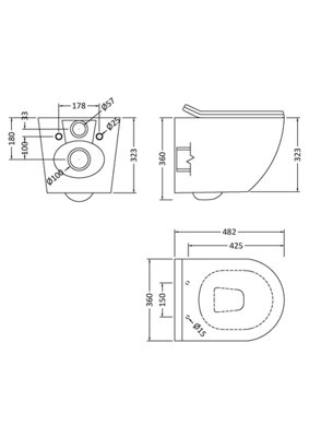 Rimless Wall Hung Toilet Pan & Soft Close Sandwich Seat - 360mm x 360mm x 482mm