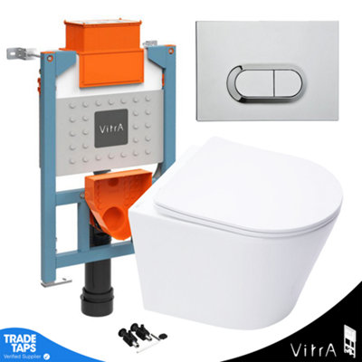 Rimless Wall Hung Toilet Pan & VITRA 0.75m Low Concealed Cistern Frame Curve Plate-Complete Set-Gloss Chrome Plate