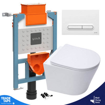 Rimless Wall Hung Toilet Pan & VITRA 0.75m Low Concealed Cistern Frame Slim Plate-Complete Set - Gloss White Plate