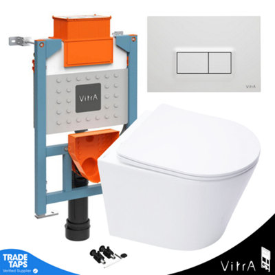 Rimless Wall Hung Toilet Pan & VITRA 0.75m Low Concealed Cistern Frame Square Plate-Complete Set - Gloss White Plate