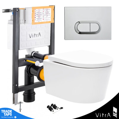 Rimless Wall Hung Toilet Pan & VITRA 1.27m Concealed WC Cistern Frame Curve Plate-Complete Set - Gloss Chrome Plate