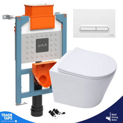 Rimless Wall Hung Toilet Pan & VITRA 1.27m Concealed WC Cistern Frame Slimline Plate-Complete Set- Gloss White Plate