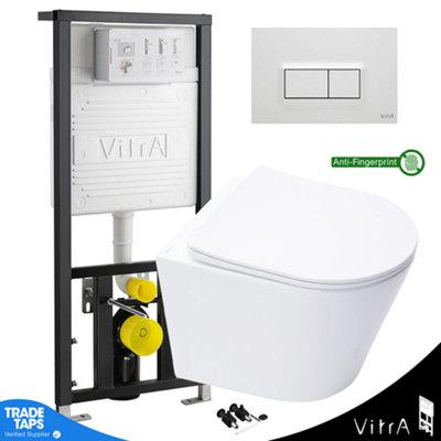 Rimless Wall Hung Toilet Pan & VITRA 1.27m Concealed WC Cistern Frame Square Plate-Complete Set - Gloss White Plate