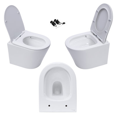 Rimless Wall Hung Toilet Pan & VITRA 1.27m Concealed WC Cistern Frame Square Plate-Complete Set - Gloss White Plate