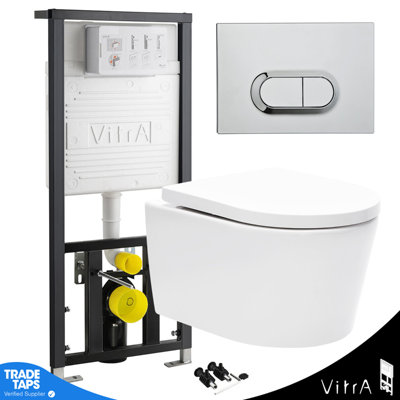 Rimless Wall Hung Toilet Pan White & VITRA Concealed WC Cistern Frame Curve Plate-Complete Set - Gloss Chrome Plate