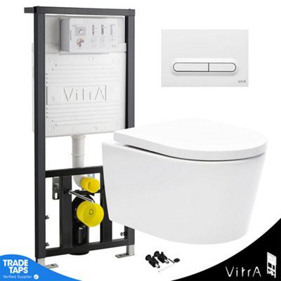 Rimless Wall Hung Toilet Pan White & VITRA Concealed WC Cistern Frame Slim Plate-Complete Set - Gloss White Plate