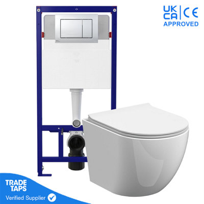 Rimless Wall Hung Toilet Pan with 1.12m Concealed Cistern Frame Dual Flush Plate - Chrome Gloss Dual Flush Plate