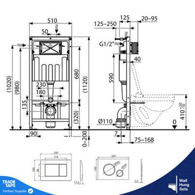 Rimless Wall Hung Toilet Pan with 1.12m Concealed Cistern Frame Dual Flush Plate - Gloss White Dual Flush Plate