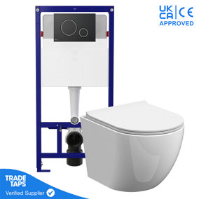 Rimless Wall Hung Toilet Pan with 1.12m Concealed Cistern Frame Dual Flush Plate - Matt Black Chrome Dual Flush Plate