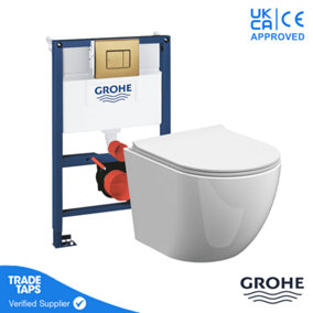 Rimless Wall Hung Toilet Pan with GROHE 0.82m Low Height Concealed Cistern Frame  WC - Brushed Cool Sunrise Dual Flush Plate