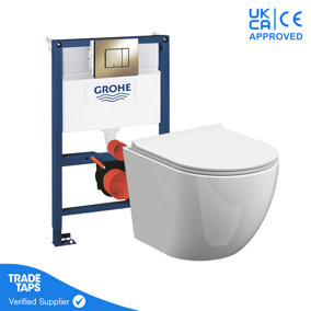 Rimless Wall Hung Toilet Pan with GROHE 0.82m Low Height Concealed Cistern Frame  WC - Cool Sunrise Dual Flush Plate