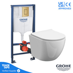 Rimless Wall Hung Toilet Pan with GROHE 1.13m Concealed Cistern Frame - Brushed Cool Sunrise Dual Flush Plate