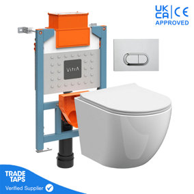 Rimless Wall Hung Toilet Pan with VITRA 0.82m Low Height Concealed Cistern Frame  WC - Loop O - Chrome Dual Flush Plate