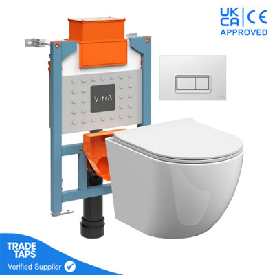 Rimless Wall Hung Toilet Pan with VITRA 0.82m Low Height Concealed Cistern Frame  WC - Loop R - Chrome Dual Flush Plate